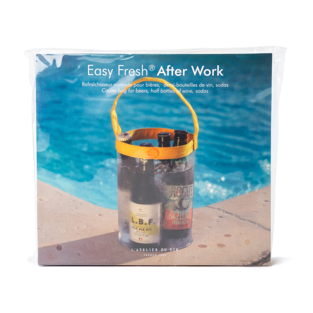 Pack of Easy Fresh After Work wine and beer cooler, transparent bag and yellow handle