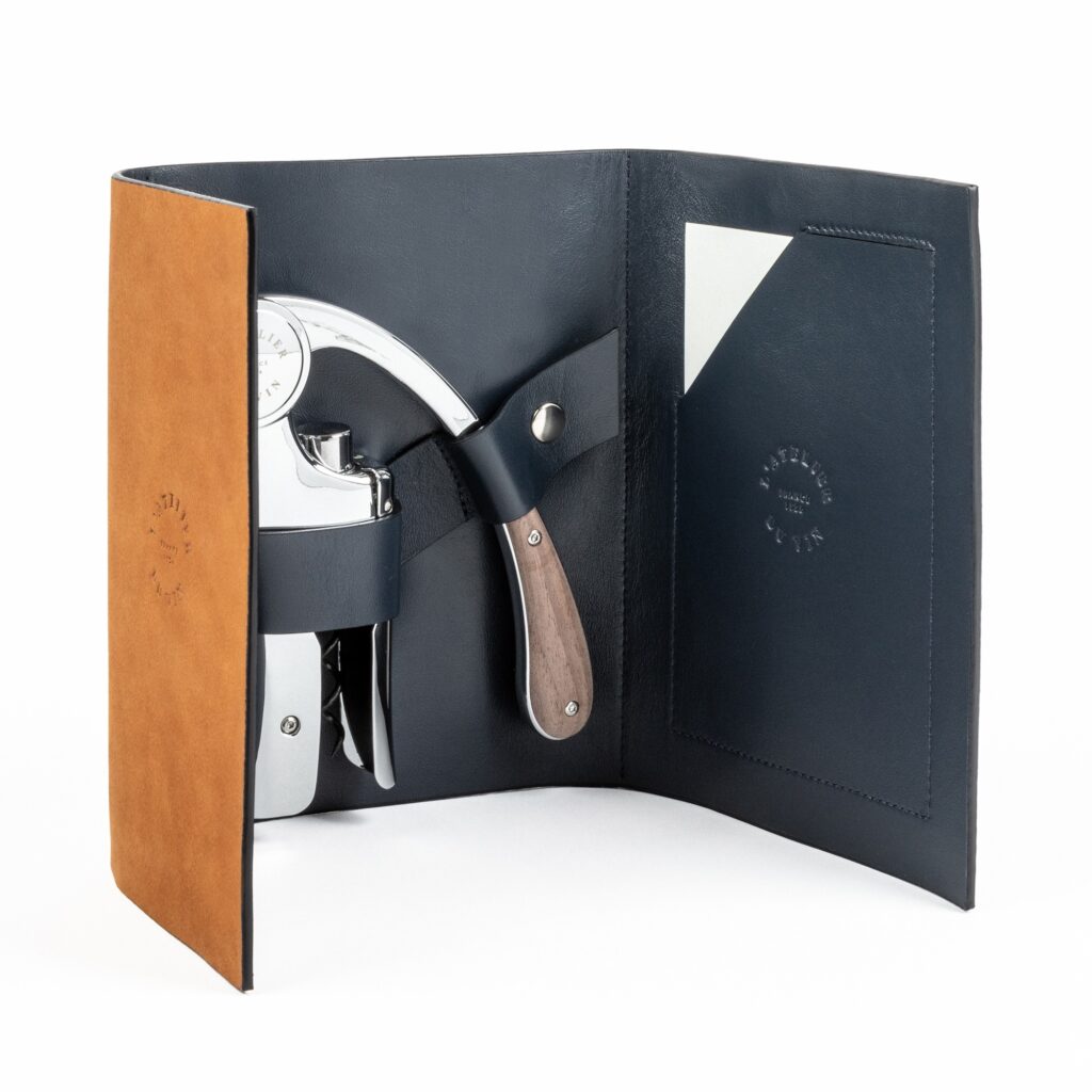 Lever corkscrew in leather case