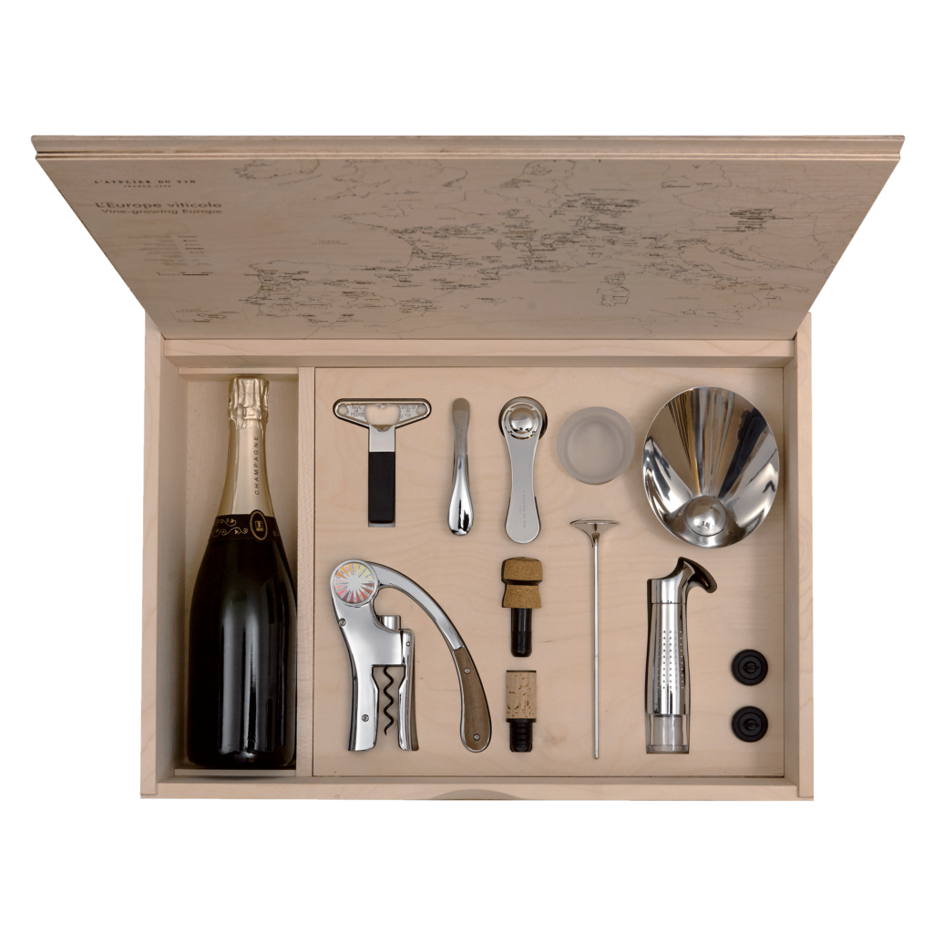Wine set with iconic tools for opening, serving and preserving wines and champagnes