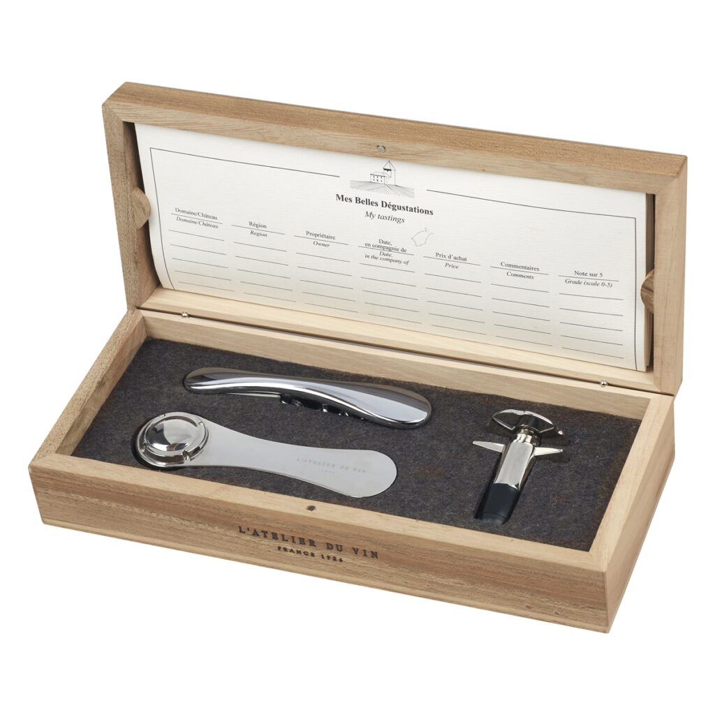 Champagne wine tasting box and sommelier corkscrew