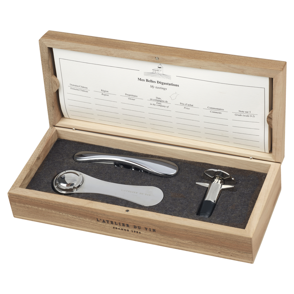 Champagne wine tasting box and sommelier corkscrew